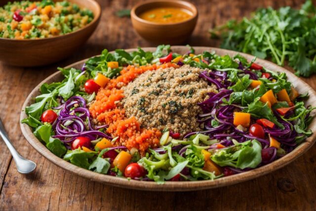 Refeição vegana colorida e fresca com salada e quinoa.