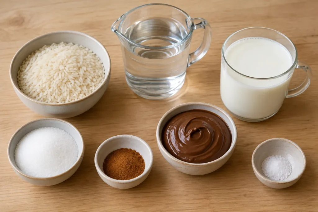 Ingredientes para arroz doce com Nutella cremoso e fácil separados na bancada