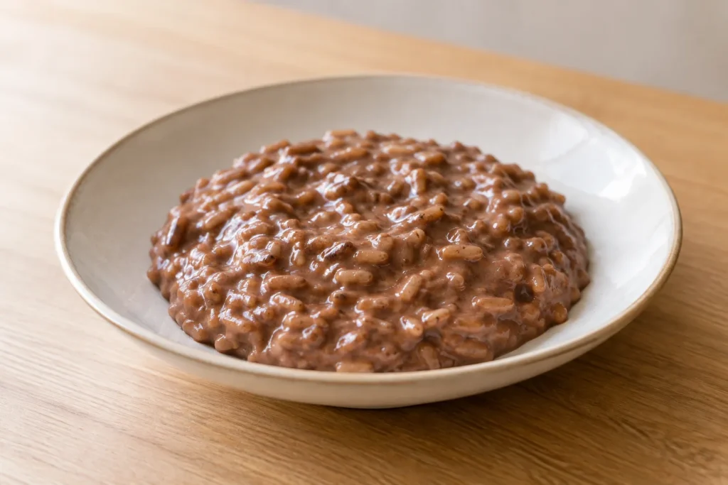 Porção de arroz doce com Nutella cremoso e fácil servida no prato