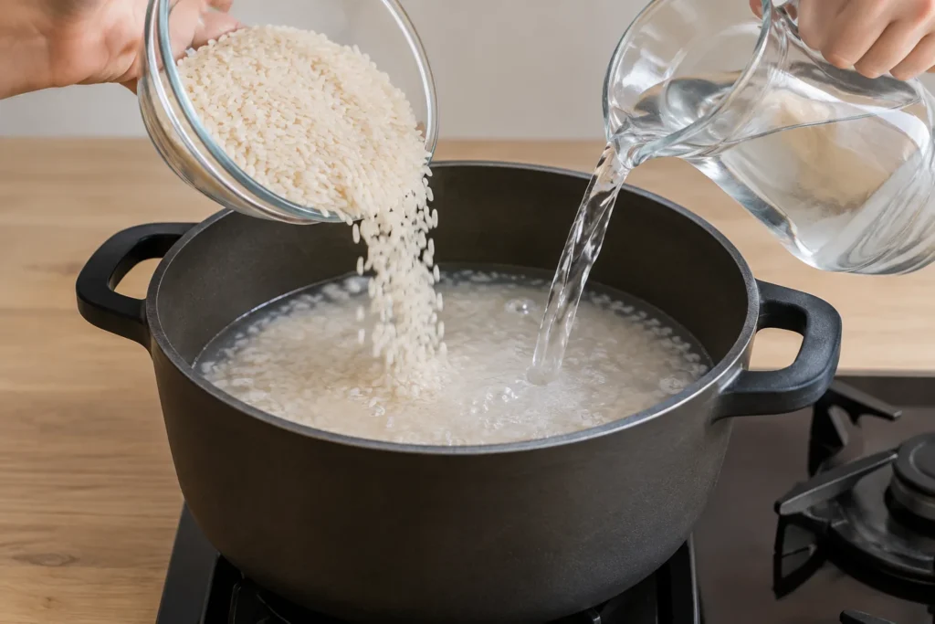 Etapa 1 do preparo: Coloque o arroz e a água em uma panela de fundo grosso. Leve ao fogo médio até