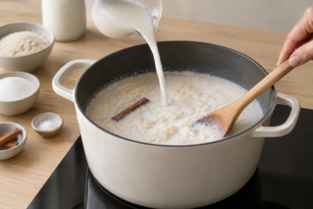 Etapa 2 do preparo: Adicione o leite, o açúcar, a canela em pau e o sal. Cozinhe em fogo baixo