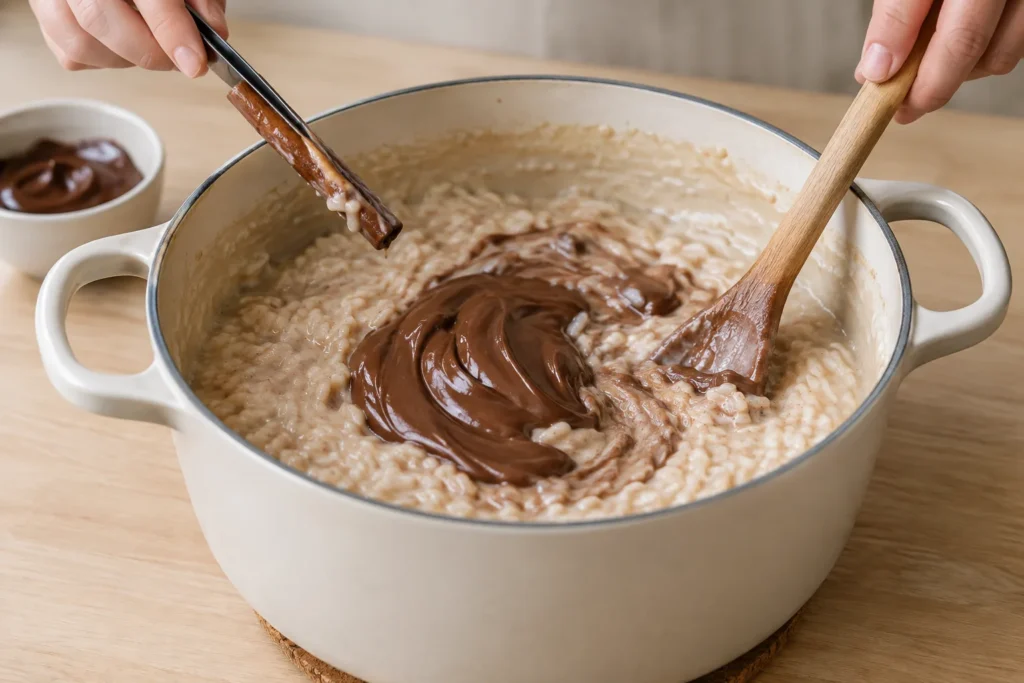 Etapa 3 do preparo: Retire a canela em pau e desligue o fogo. Acrescente a Nutella e mexa até obter