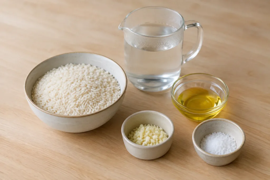Ingredientes para arroz soltinho separados na bancada