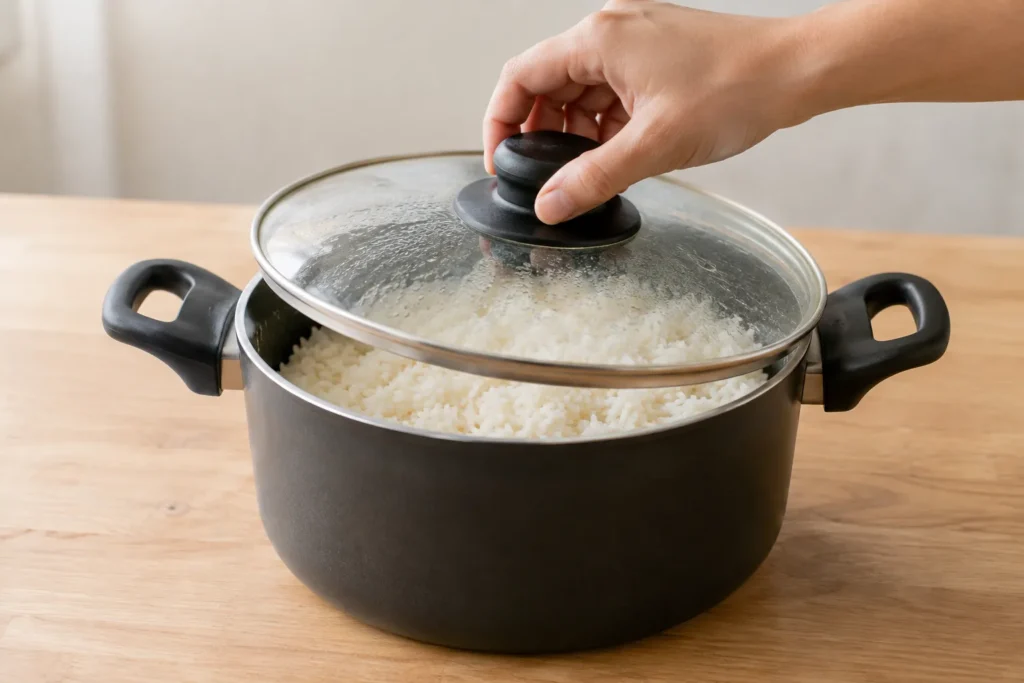 Etapa 6 do preparo: Desligue o fogo e deixe a panela tampada por cinco minutos