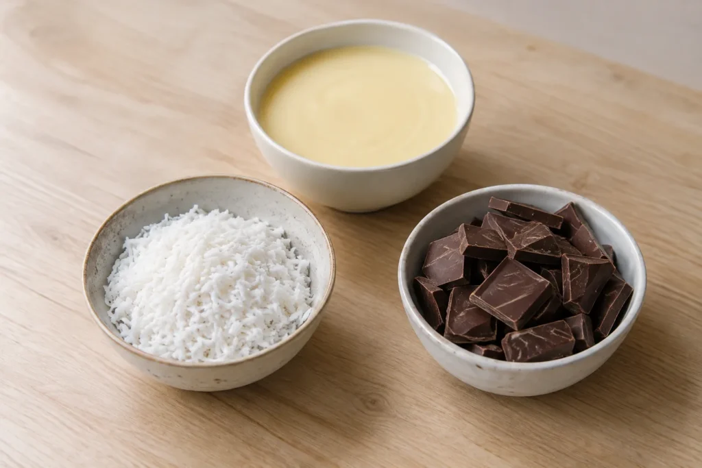 Ingredientes para bombom de prestígio com 3 ingredientes separados na bancada