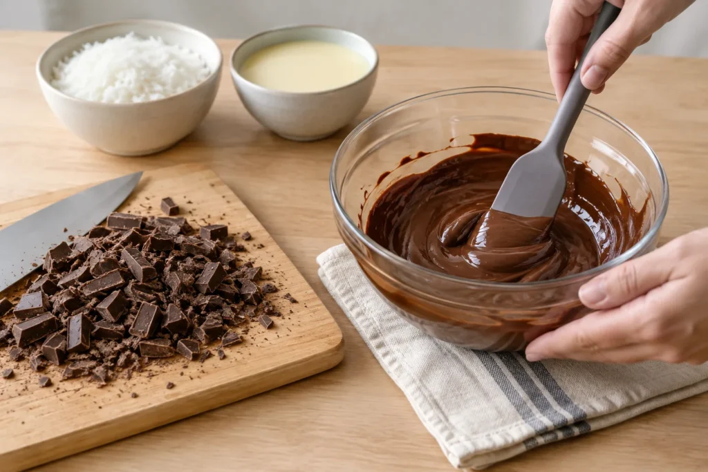 Etapa 4 do preparo: Pique o chocolate e derreta em intervalos curtos no micro-ondas, mexendo a cada