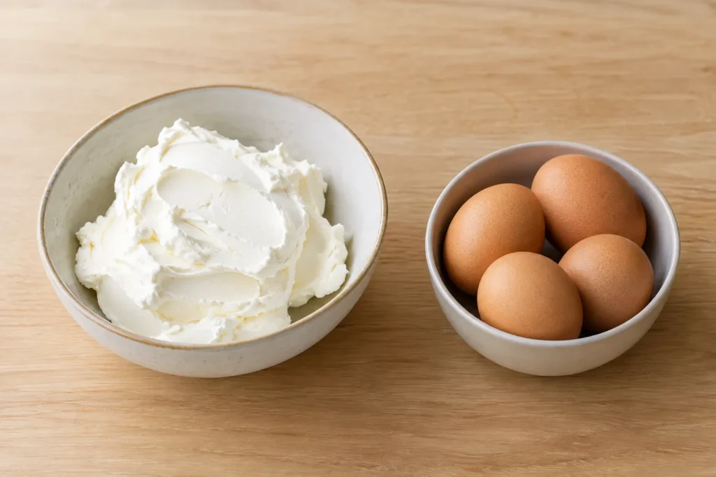 Ingredientes para cheesecake japonês de 2 ingredientes separados na bancada