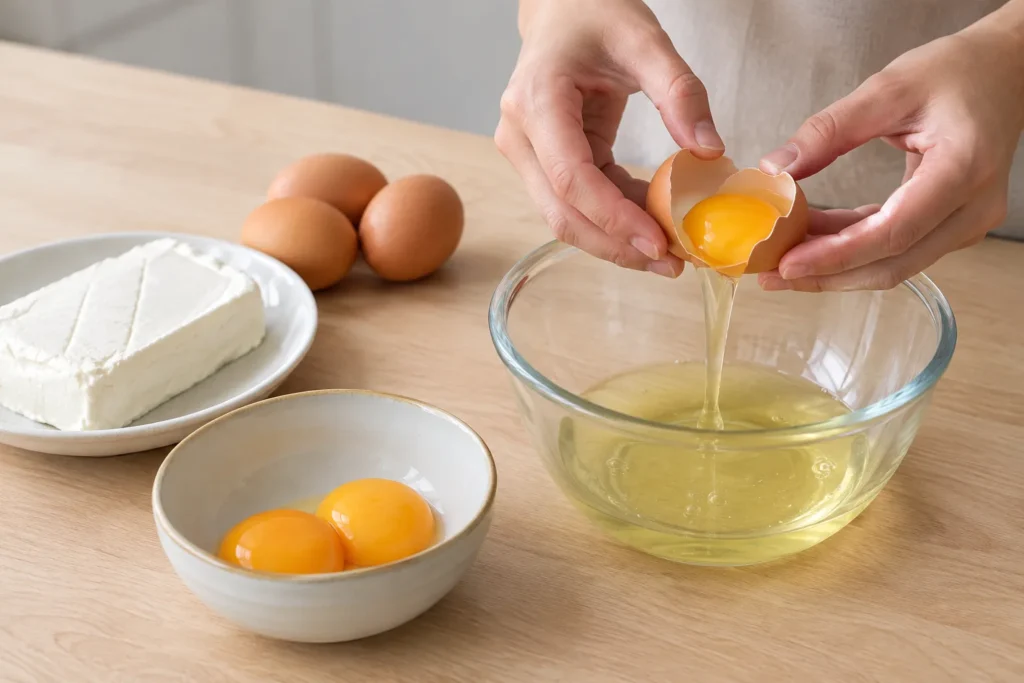 Etapa 1 do preparo: Retire o cream cheese e os ovos da geladeira e deixe-os atingir a temperatura