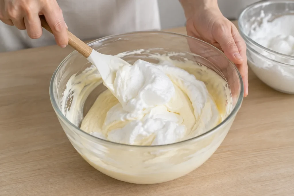 Etapa 5 do preparo: Incorpore as claras ao creme de cream cheese em duas ou três adições, usando
