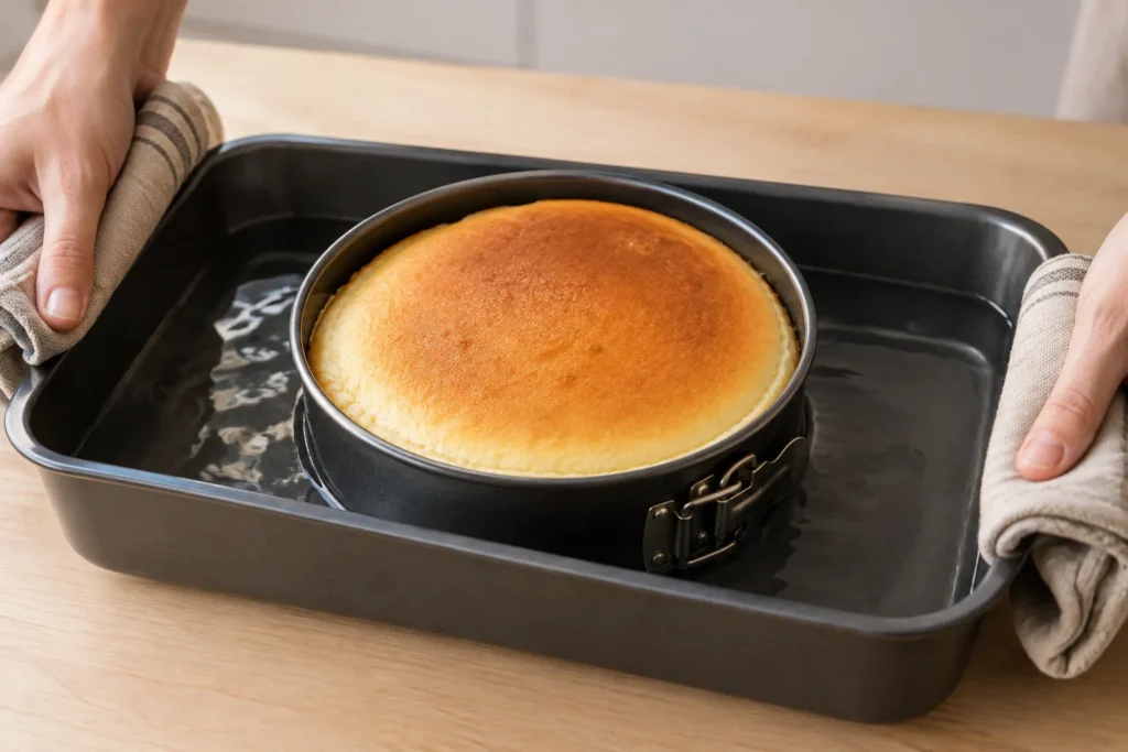 Etapa 7 do preparo: Asse em banho-maria a 160 °C por cerca de 40 minutos, ou até a superfície