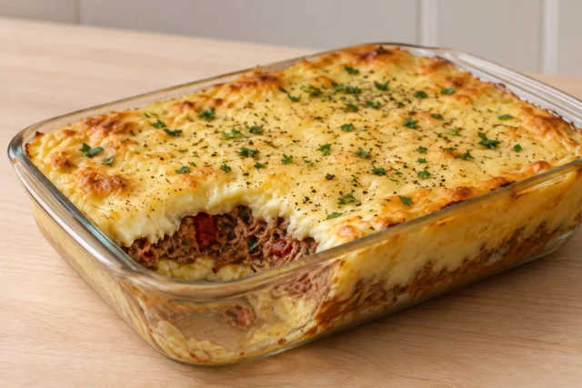 Foto de escondidinho de carne seca cremoso pronto para servir com cheiro-verde