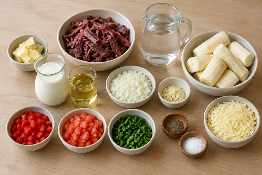 Ingredientes para escondidinho de carne seca cremoso separados na bancada