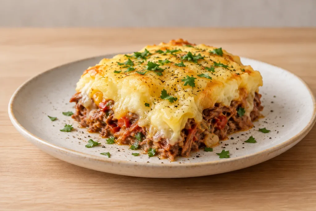 Porção de escondidinho de carne seca cremoso servida no prato