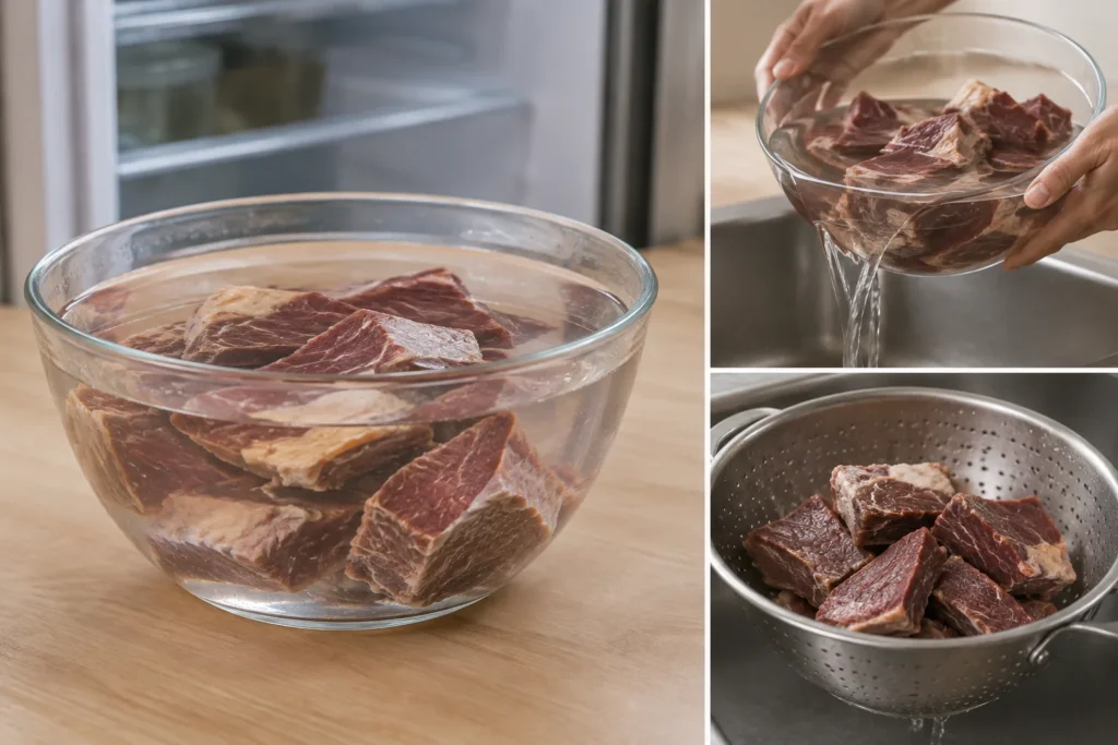 Etapa 1 do preparo: Coloque a carne seca em água fria e mantenha refrigerada, trocando a água
